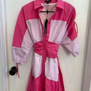 Milly Colorblock Long Sleeve Dress in Pink and White